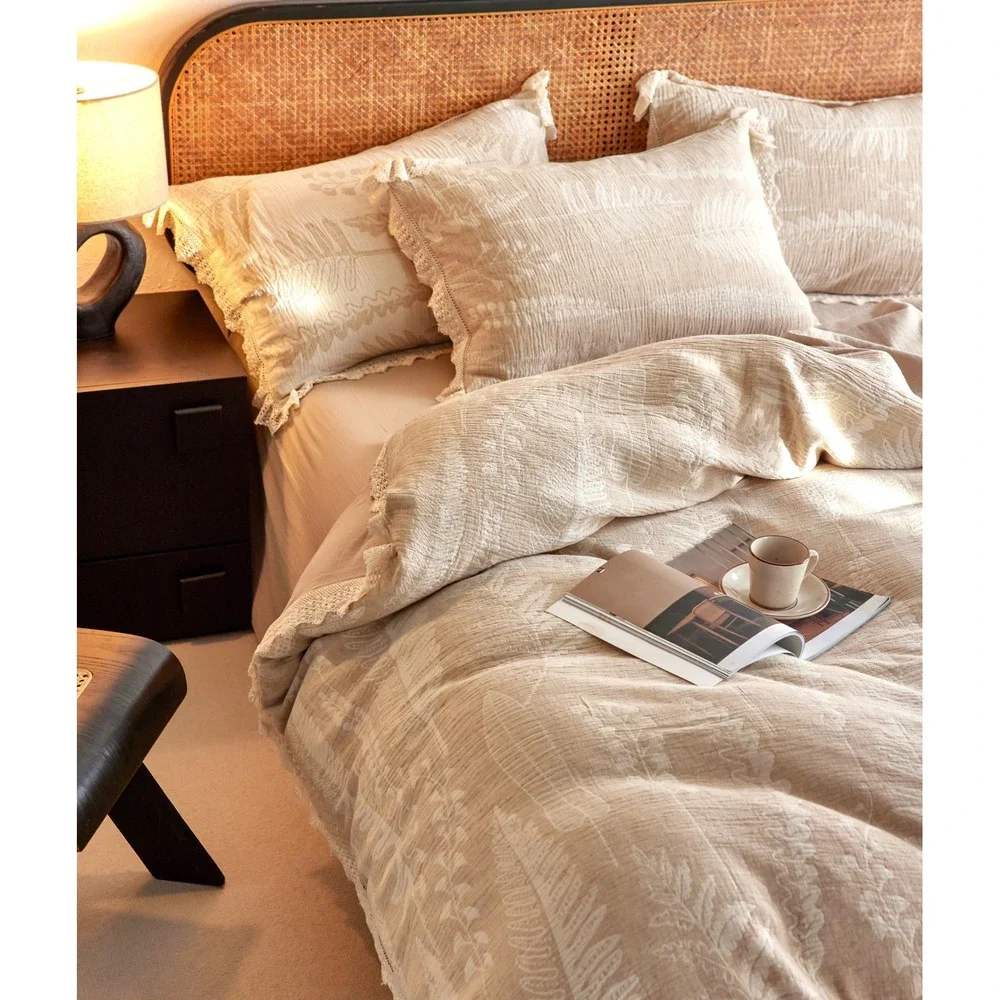 Linnet Jacquard Lace Linen Duvet Cover Set King‎ BeigeJacquard Banana Leaves